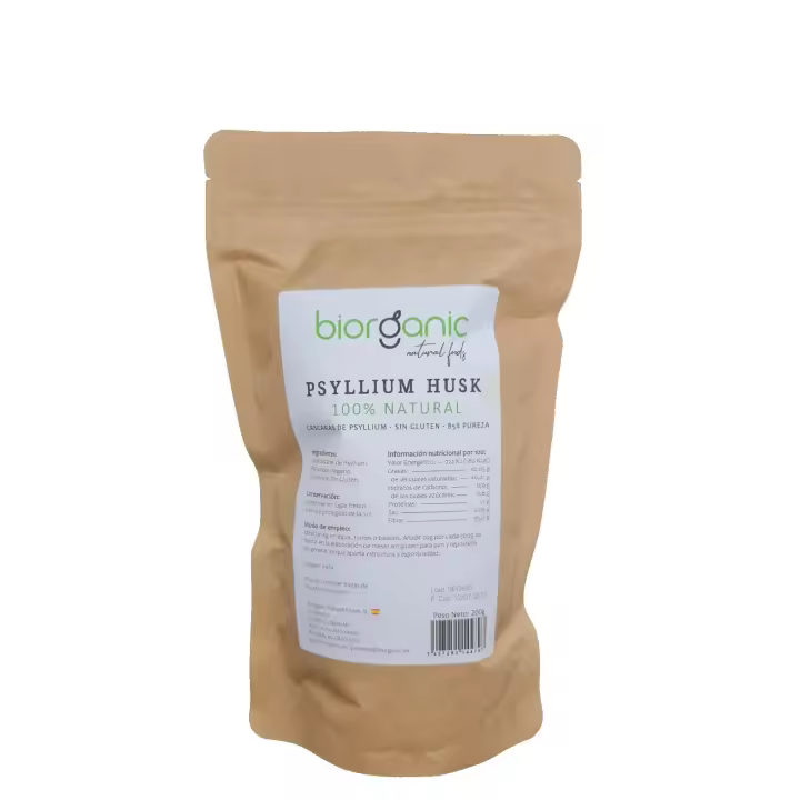 Psyllium Husk 100% natural, 200g. SIN GLUTEN. Cáscaras de psyllium indio, rico en fibra y vegano. Saciante. Mejora el tracto intestinal. Biorganic , marca española. - 1