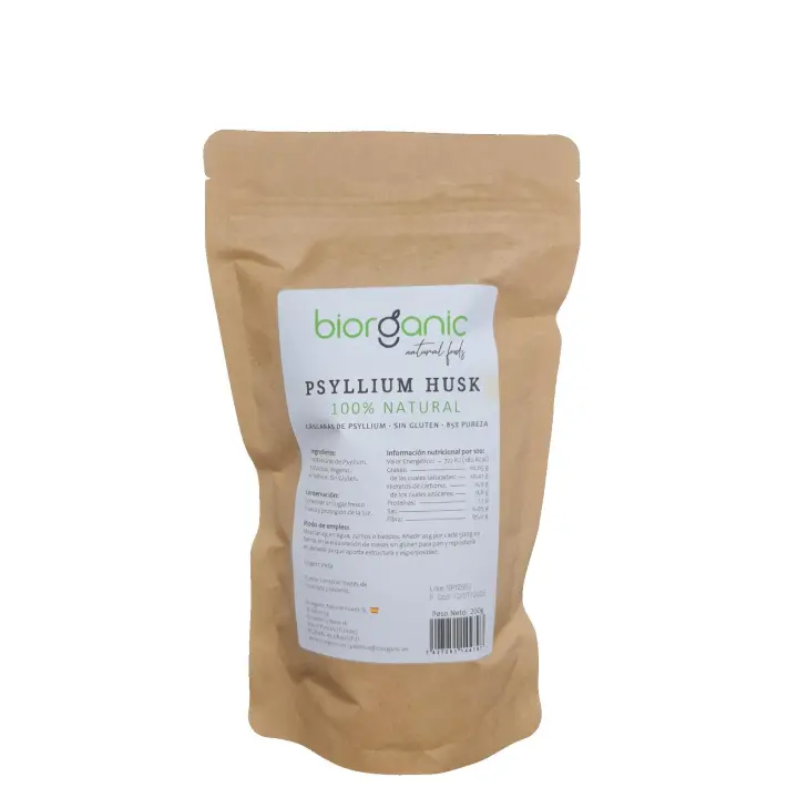 Psyllium Husk 100% natural, 200g. SIN GLUTEN. Cáscaras de psyllium indio, rico en fibra y vegano. Saciante. Mejora el tracto intestinal. Biorganic , marca española. - 1
