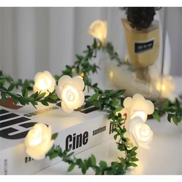 Guirnalda de luces de flores, 3 m, 20 LED, pequeña guirnalda de hojas con luces de cadena de flores blancas, funciona con pilas, para decoración de bodas, fiestas de Navidad en interiores - 1