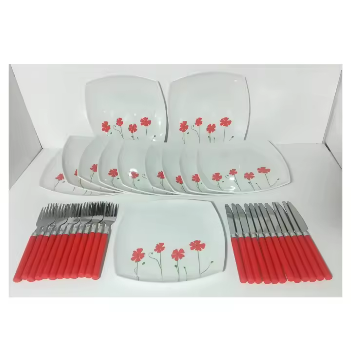 Conjunto de Platos y Cubiertos Reutilizables para Picknig - 36 Piezas de Plástico Duro y Metal Inoxidable - Decoración Primaveral - 1