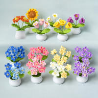 Plantas Artificiales Mini Potted Flower DIY Tejidas a Mano En Hilo De Lana Rosa Tulipán Margarita Decoración Para Escritorio De Oficina Y Hogar - details 1
