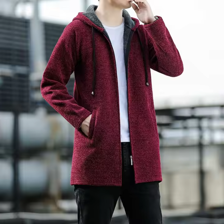 Chaqueta De Punto Grueso Para Hombres Con Capucha Color Sólido Abrazadora Para Otoño E Invierno Ropa Acolchada Estilo Casual Cierre De Cremallera Manga Larga - 1