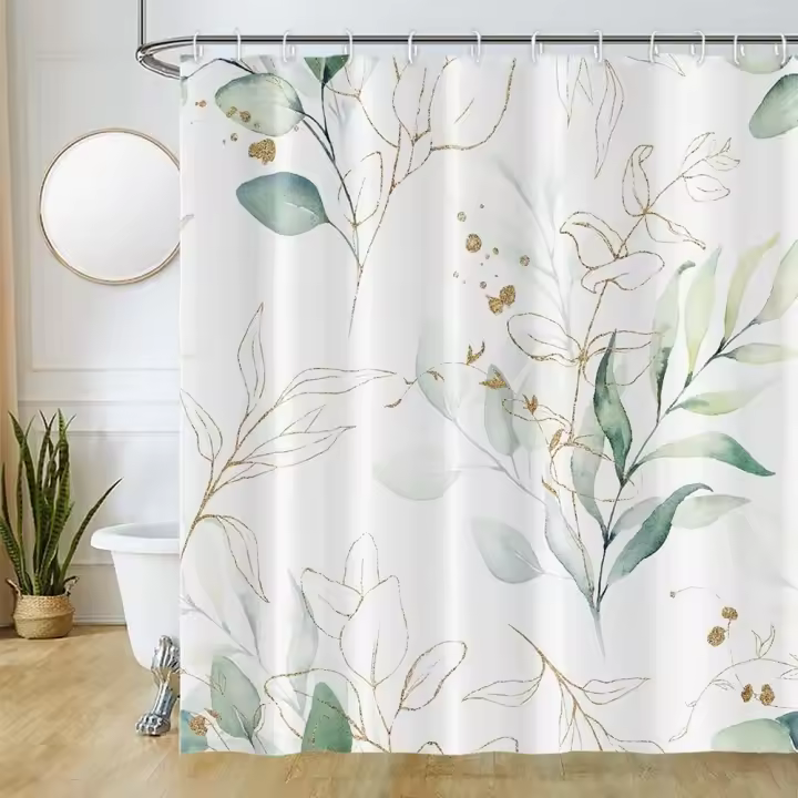 Cortina de Ducha de Hoja Eucalipto, Cortinas de Ducha Verde Oro Abstracto Planta Cortinas de Baño Antimoho Impermeable Lavable Tejido de Poliéster Cortina Ducha con 12 Ganchos 180x180cm - 1
