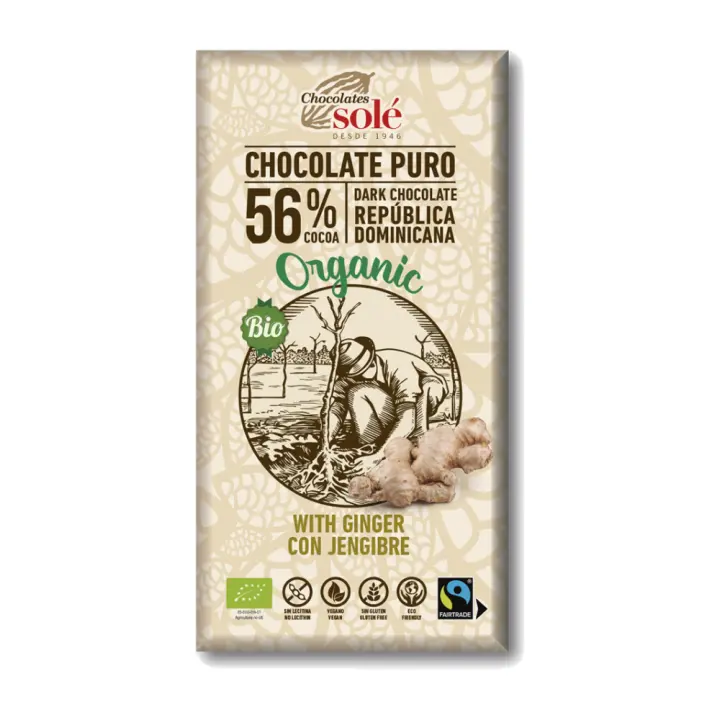 Chocolate Negro con Jengibre Vegano y Sin Gluten 100g Chocolates Sole - 1