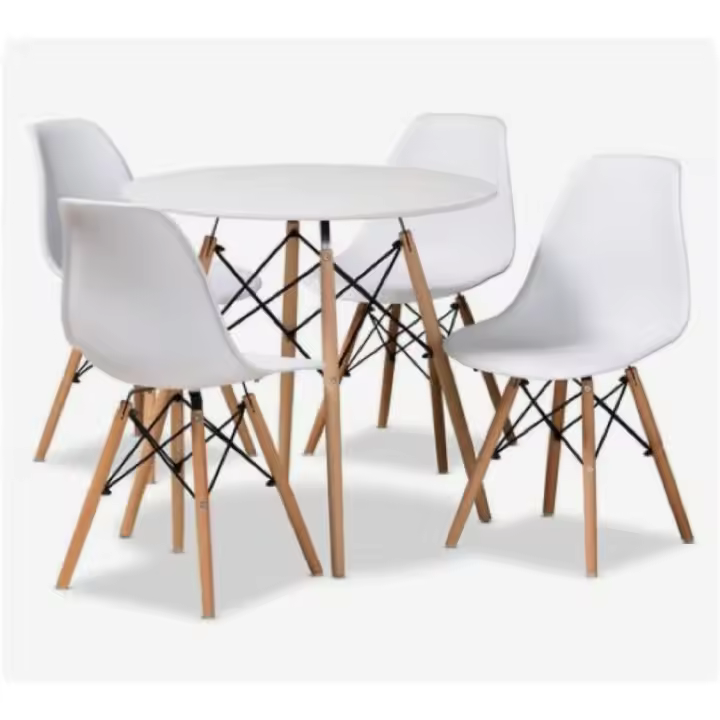 ORION91 Conjunto Mesa 4 Patas Blanca 80x80x76cm + 4 Sillas ORION91 Polipropileno Color Blanco y Patas en Madera Haya 46,5 x 48 x 82 cm Comedor Oficina Salón Teletrabajo Cocina – SpazioLuzio - 1