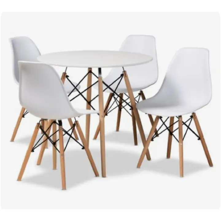 ORION91 Conjunto Mesa 4 Patas Blanca 80x80x76cm + 4 Sillas ORION91 Polipropileno Color Blanco y Patas en Madera Haya 46,5 x 48 x 82 cm Comedor Oficina Salón Teletrabajo Cocina – SpazioLuzio - 1