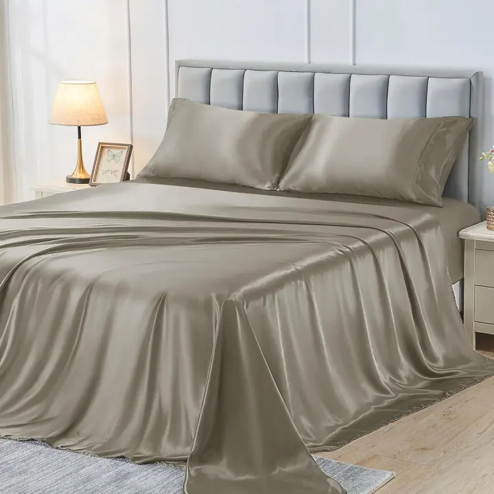 Juego de sábanas de satén tamaño Queen, juego de sábanas de satén marrón, suave y ultrasuave, sedoso, con 2 fundas de almohada, color marrón - 1