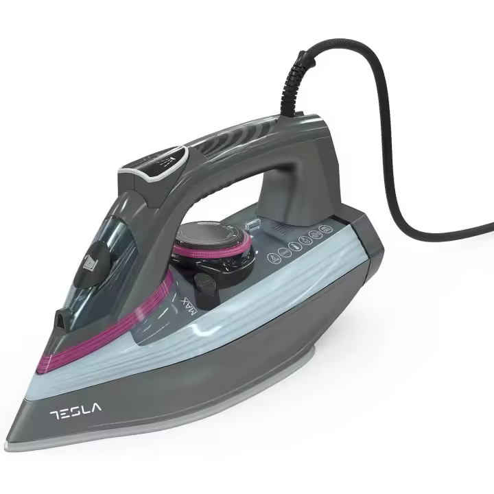 TESLA IR400GP - Plancha (3100 W, chorro de 135 g/min, tecnología de suela de cerámica, capacidad del depósito de agua de 380 ml, antical, antigoteo, botón de pulverización) Gris-morado - 1