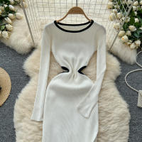 Vestido De Punto Para Mujer REALEFT Otoño Invierno Con Abertura Lateral Y Cuello Redondo Manga Larga Solido Vestido Recto De Oficina - details 9