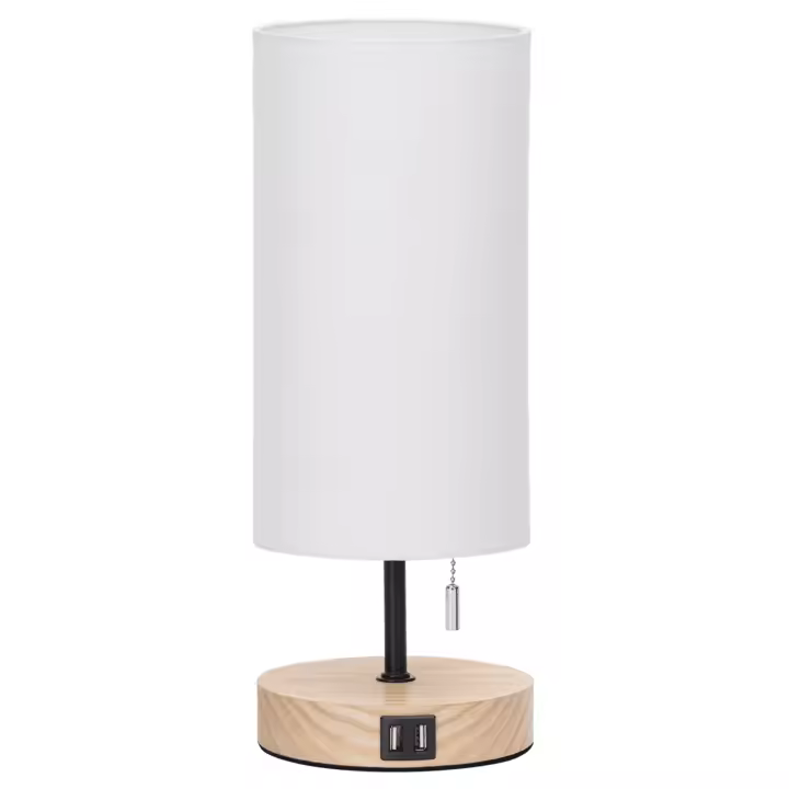 Aigostar Lampara de Mesa con 2 Puertos de Carga USB, Lamparas de Mesita de Noche con Interruptor de Tracción, Base de Madera, Lámpara Escritorio Vintage para Sala de Estar, Dormitorio, Oficina - 1