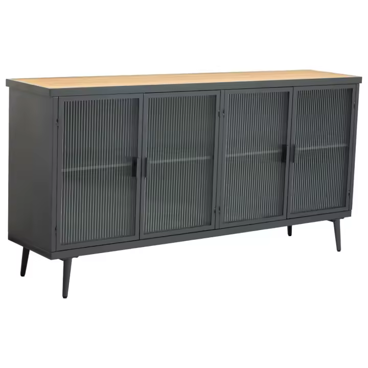 Aparador de metal y madera con vidrio, negro160x36x80h cm - 1