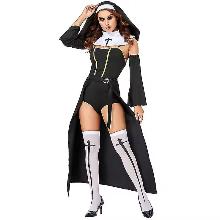 Disfraz de monja con vestido, pieza para la cabeza, calcetines para mujer, 3 piezas - 1