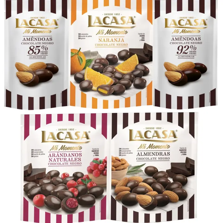 Lacasa Mi Momento pack de 5:Almendra 92% ,Almendra 85% ,Arándano Chocolate Negro ,Almendra Chocolate Negro ,Naranja Chocolate Negro - 1