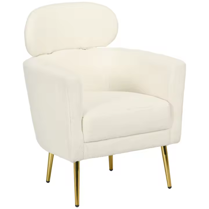 HOMCOM Butaca de Salón Sillón Individual Silla de Ocio Tapizado en Vellón con Reposacabezas y Patas de Metal para Dormitorio Oficina Habitación Carga 125 kg Crema - 1