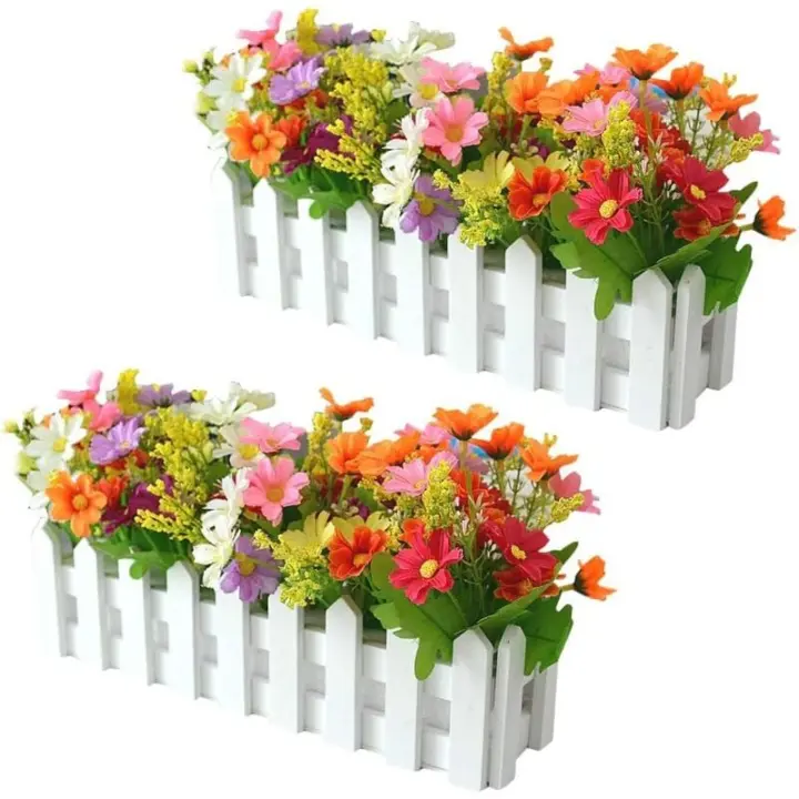 Fleurs artificielles en pot, 2pcs fleurs décoratives artificielles avec clôture en bois, fleurs artificielles automne, orchidées - 1