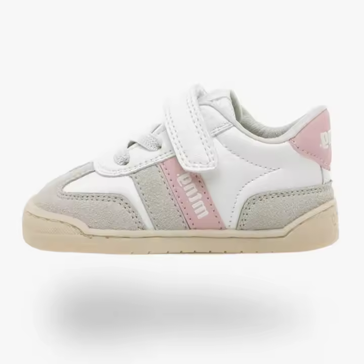 Zapato respetuoso barefoot bebé Mustang Free 49060 MODERN BLANCO ROSA CLARO. Su suela tiene 3 mm de grosor y con zero drop(totalmente plana)respeta el natural desarrollo del pie del pequeño y sus elementos flexibles y torsionables - 1