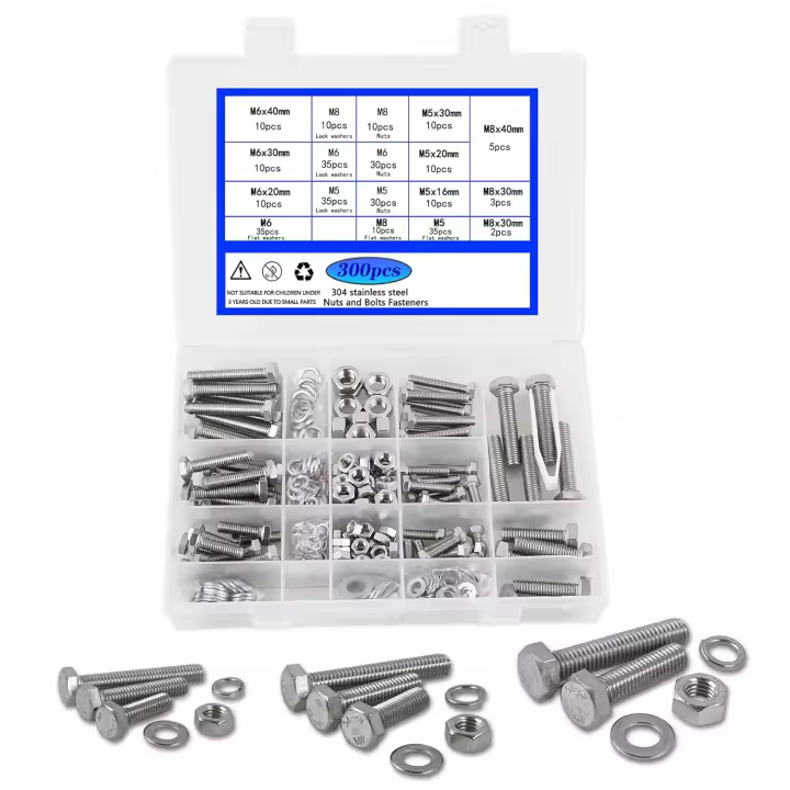 Pernos y tuercas M5 M6 M8 con arandelas planas/rápidas Tornillos de cabeza hexagonal A2-70 en juegos de pernos y tuercas de acero inoxidable 304 300 piezas - 1