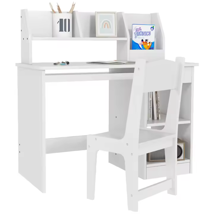 ZONEKIZ Juego de Escritorio y Silla para Niños de +5 Años Pupitre Infantil con 2 Cajones y Compartimento para Dormitorio Sala Estudio Blanco - 1