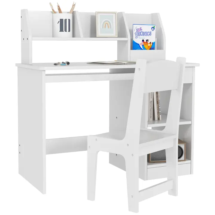 ZONEKIZ Juego de Escritorio y Silla para Niños de +5 Años Pupitre Infantil con 2 Cajones y Compartimento para Dormitorio Sala Estudio Blanco - 1