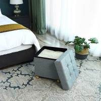 Taburete reposapiés cuadrado con almacenamiento y tapizado capitoné, patas de madera maciza, asiento acolchado de espuma, disponible en gris oscuro, gris claro y azul marino - details 8
