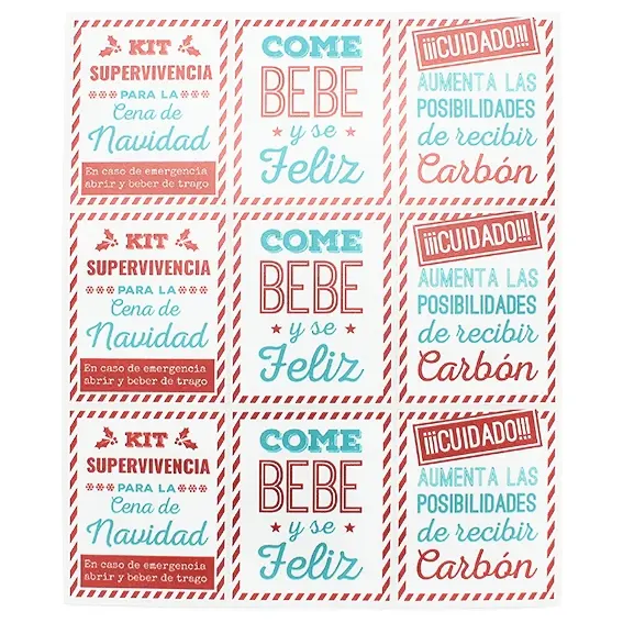 Pegatinas Navideñas Divertidas Pack de 9 | Decoración Regalos con Frases Originales | Rojo y Verde | Tamaño 5,1x6,4 cm | Ideal para Botellas Vino y Bolsas | Regalo Perfecto para Navidad - 1