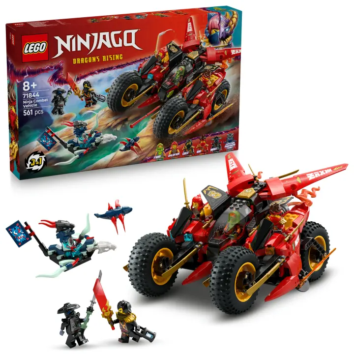 LEGO® NINJAGO® Vehículo de Combate Ninja Set de Juguetes “3 en 1” con 2 Motos Ninja, 1 Reactor y 6 Minifiguras de Personajes, como Kai y Frak, Regalo para Mayores de 8 Años 71844 - 1