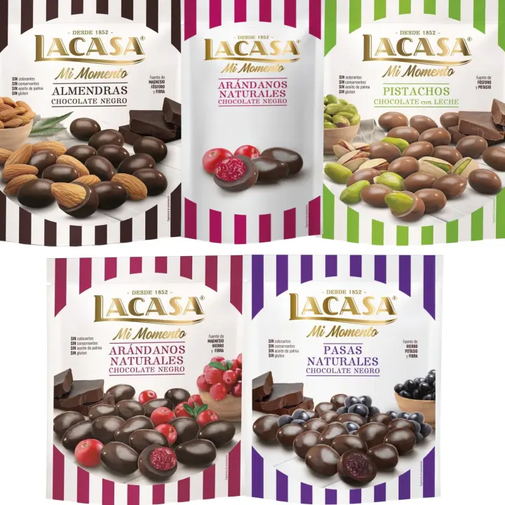 Lacasa Mi Momento pack de 5:Arándano choco Negro 60G,Arándano choco Negro 125G,Pasas choco Negro 150G,Almendra choco Negro 125G,Pistacho Leche 100G - 1