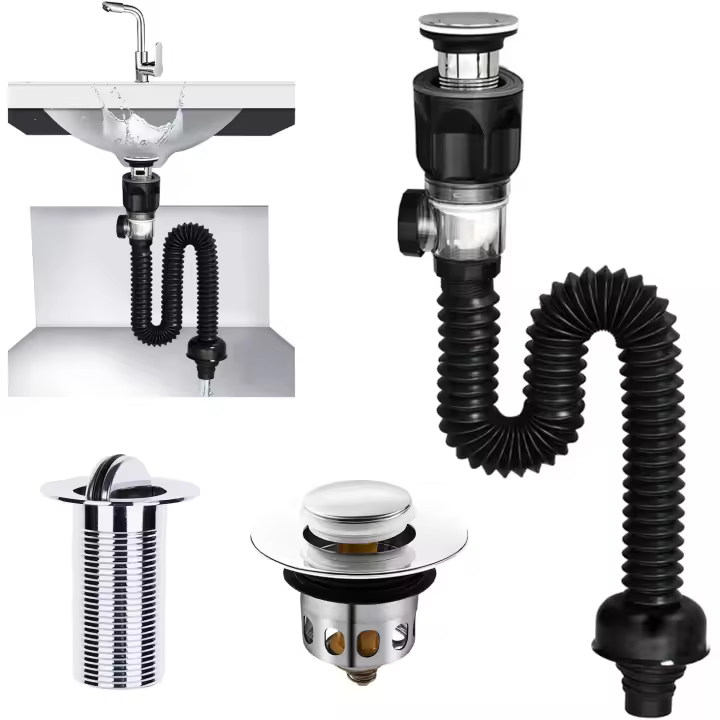 Suite Escurridor para Fregadero, Sifón para Fregadero, Desagüe para Fregadero sin Rebosadero, Extensible de 300 a 955 mm para baño, Cocina (Negro) Sifón para Fregadero - 1