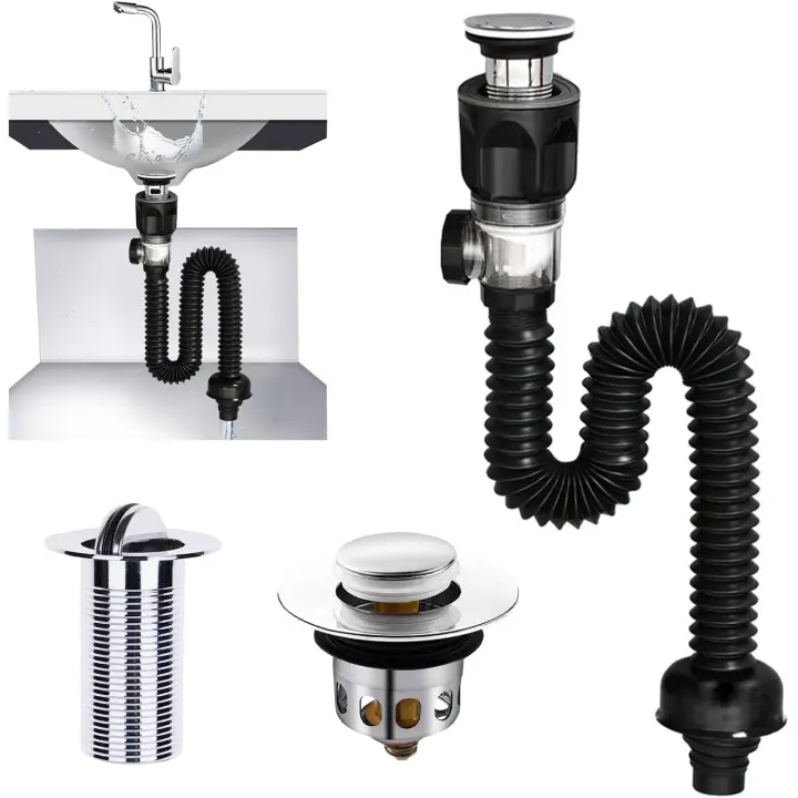 Suite Escurridor para Fregadero, Sifón para Fregadero, Desagüe para Fregadero sin Rebosadero, Extensible de 300 a 955 mm para baño, Cocina (Negro) Sifón para Fregadero - 1