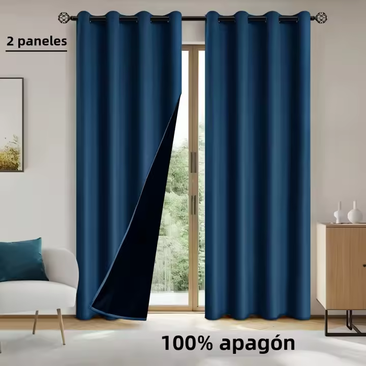 2pcs Cortinas Oscurecedoras De 100% Poliéster Negras Para Dormitorio Y Sala De Estar Protección UV Deslizamiento Fácil Y Diseño Estilizado - 1