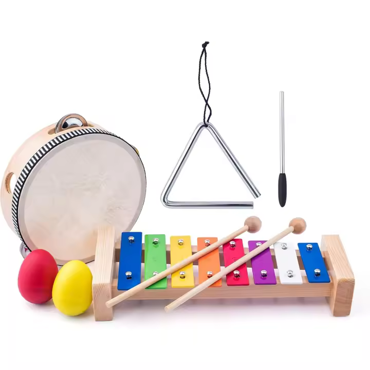 Set musical de madera con triangulo (xilófono, pandereta, triangulo, 2 huevos de maraca) Woody - 1