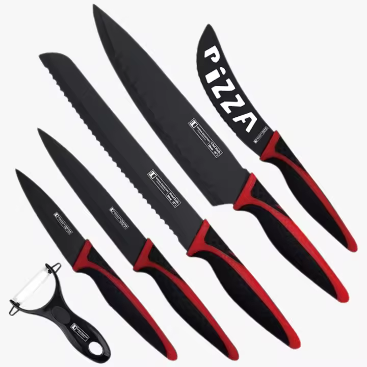 Juego de 5 Cuchillos de Cocina Antiadherentes, 5 piezas, Mangos Ergonómicos, Fácil de Limpiar, Con 1 Peladador - 1