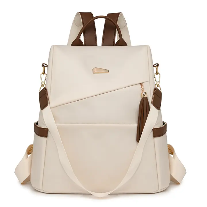 Mochila Antirrobo para Mujer - Elegant Bolso de Viaje y Comunicación de Nylon Bicolor with Correas Ajustables, Gran Capacidad, Diseño Blanco y Marrónes, Herrajes en Tono Dorado, Mochipa para Viajes - 1