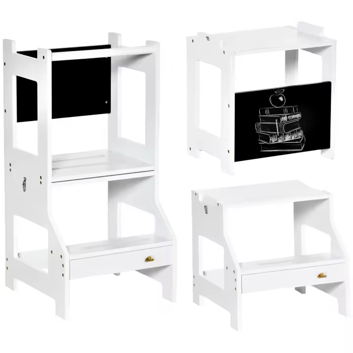 HOMCOM Torre de Aprendizaje para Niños 3-6 Años de Madera Taburete de Cocina Infantil Convertible en Escritorio con Pizarra Pedal y Barra de Seguridad para Baño 42x44x86 cm - 1