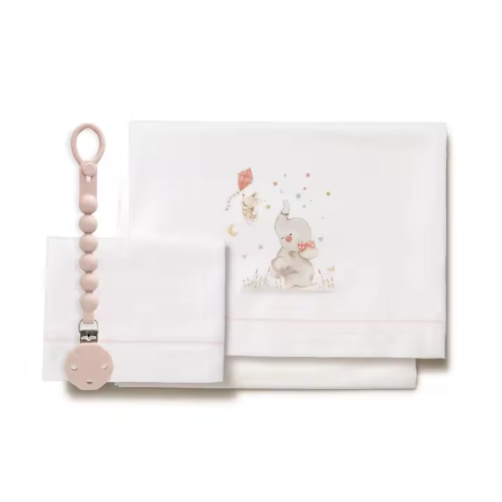 Sabanas Cuna 100% Algodón Cuna 60X120 - Elefante rosa Regalo de Chupetero (bajera+encimera+funda almohada) - 1
