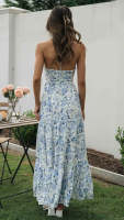 Vestido Maxi Bohemio De Verano Para Mujer En Chiffon Floral Sin Mangas Cuello En V A-Line Largo Con Espalda Descubierta Y Volante - details 4