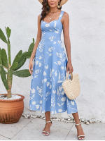 NewAsia Vestido Midi Sin Mangas Para Mujer Con Estampado Y Cuello En V Dos Capas Sin Espalda Casual Verano Azul - details 6