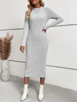 Vestido Midi De Cuello Redondo Para Mujer Elegante Y Moderno Con Ribbed Detalle En Glúteos Estilo Casual Polyester A-Line - details 6