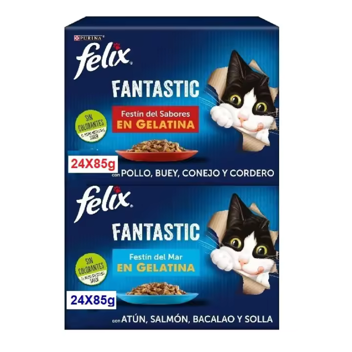 COMIDA GATOS PURINA FELIX FANTASTIC FESTIN DE MAR PACK 24X85g Y CARNE PACK 24X85g - 1