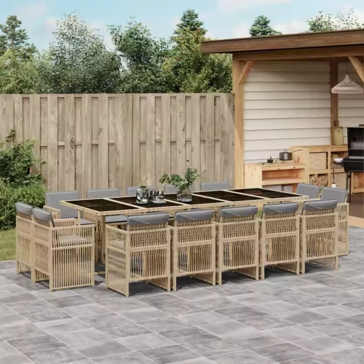 vidaXL Set comedor de jardín con cojines 15 pzas ratán sintético beige - 1