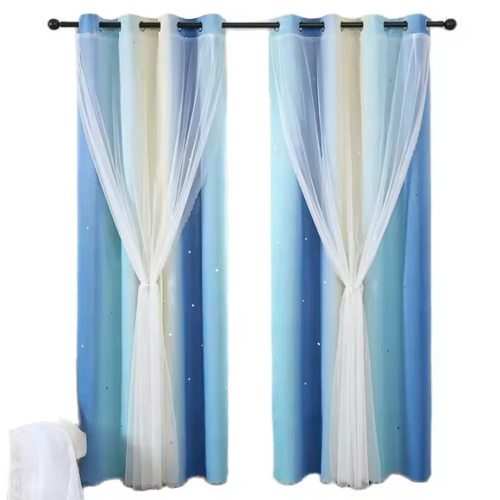 Cortinas De Tela Con Diseño De Estrellas Y Gradient Azul Amarillo Doble Capa Para Sala De Estar Decoración Y Sombreador - 1