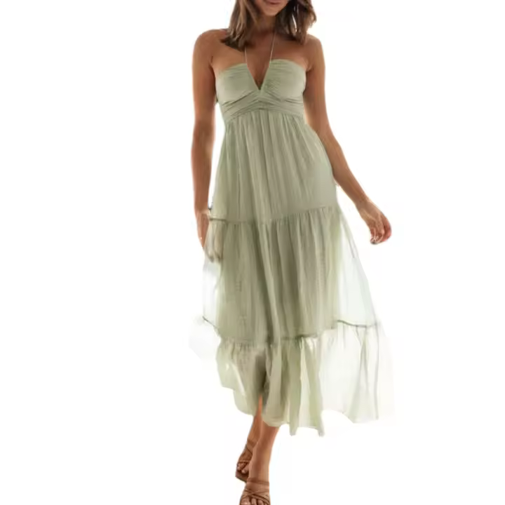 Vestido Maxi Bohemio De Verano Para Mujer En Chiffon Floral Sin Mangas Cuello En V A-Line Largo Con Espalda Descubierta Y Volante - 1