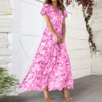 Vestido Largo De Mujer Elegante En Chiffon Floral Con Manga Corta Y Cuello En V A-Line Con Volante Y Cintura Empresarial Para Verano - details 11