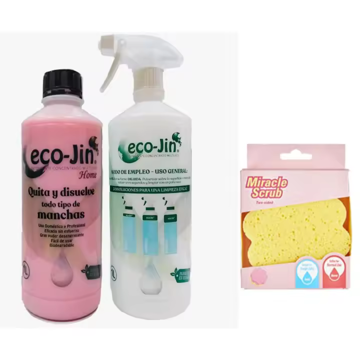 ECO JIN Rosa Home Original, 1L concentrado + Difusor con medidas y 1 estropajo mágico, limpieza perfecta sin limites ECO-JIN. Ecológico, Higiénizante, Bactericida, Anticalcareo, desinfectante y elimina cal. Componentes tensoactivos. Poderoso quitamanchas. - 1