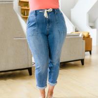 Pantalones Casuales Para Mujer Con Cordón Cintura Alta Jeans Rectos De Algodón Y Spandex Estilo Sencillo Para Todas Las Estaciones - details 5