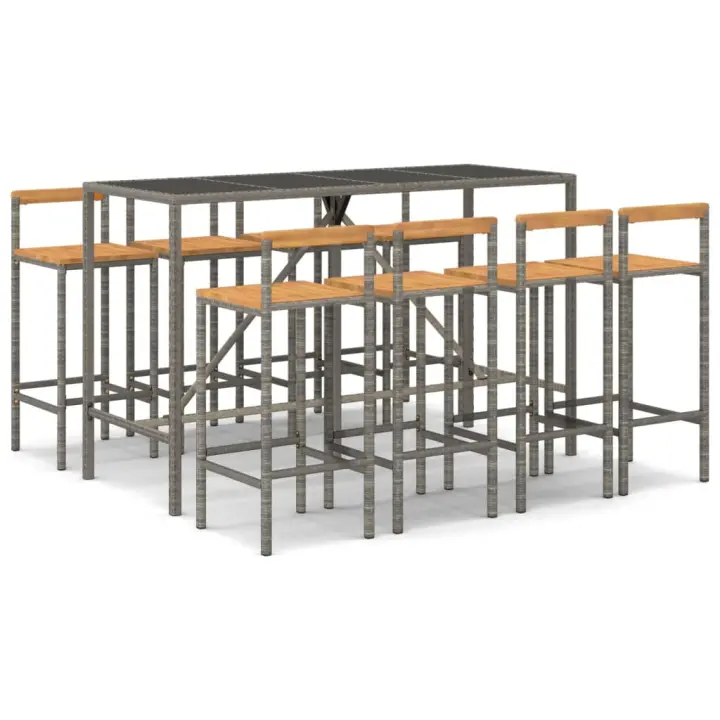 vidaXL Mesa bar y taburetes jardín 9 pzas madera acacia ratán PE gris - 1