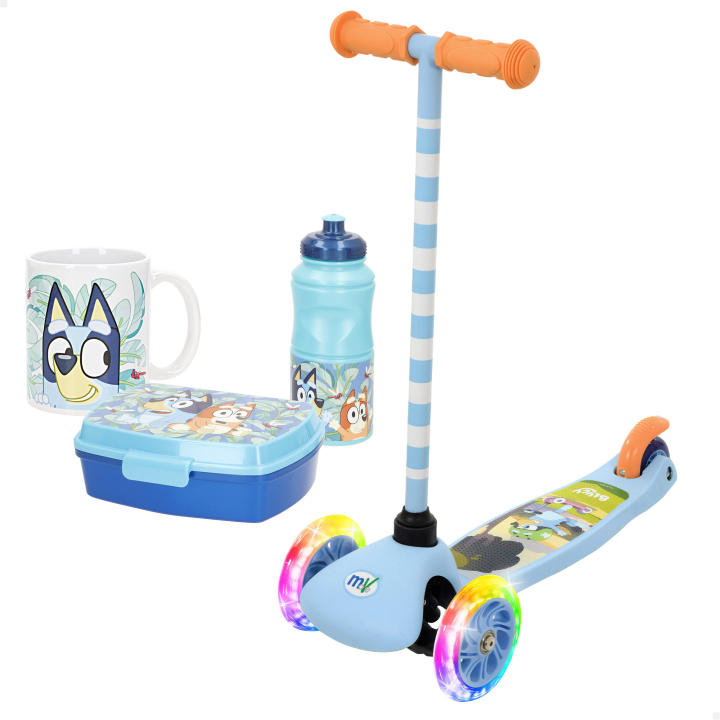 Bluey Pack con patinete, para niñas, set escolar compuesto por sandwichera y botella de 380 ml, taza de dibujos animados, ideal para niños, desde 3 años, fomenta hábitos saludables