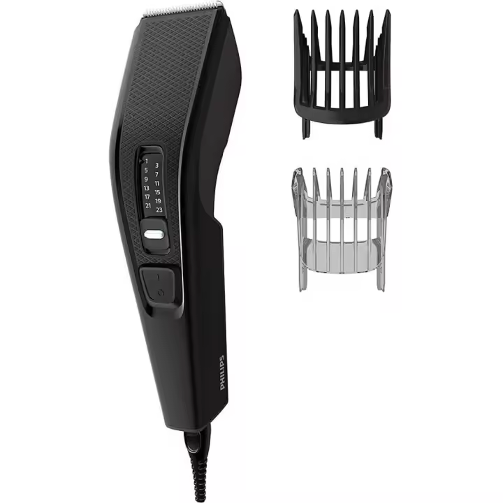 Philips Cortapelos Serie 3000, elemento de corte ancho de 41mm, cuchillas de acero inoxidables, peine ajustable con 13 ajustes de 2mm desde 0,5 a 23mm, cuchillas lavables, uso con cable, con peine para barba (HC3510/15) - 1