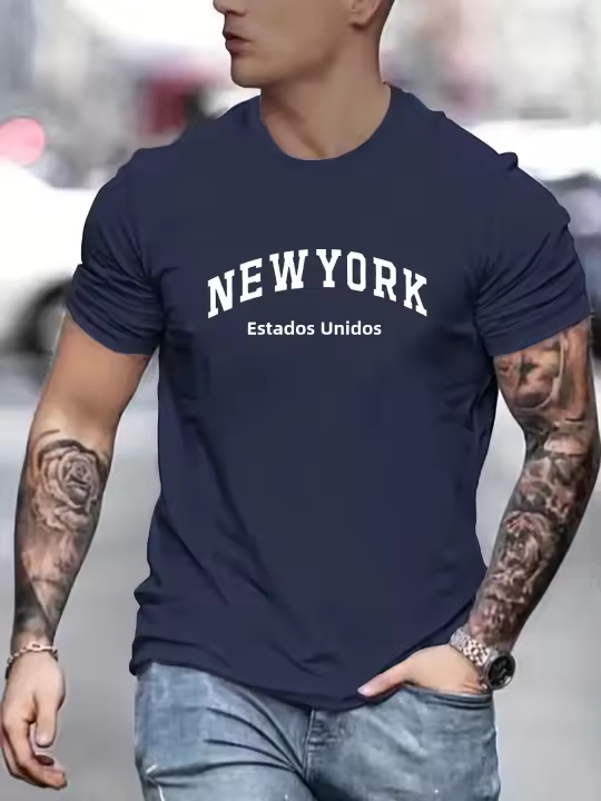 Camiseta De Verano Para Hombre Algodón 100% Estilo Casual Ajustada Y Deportiva Con Estampado De Nueva York USA Manga Corta Cuello Redondo Tallas Grandes - 1