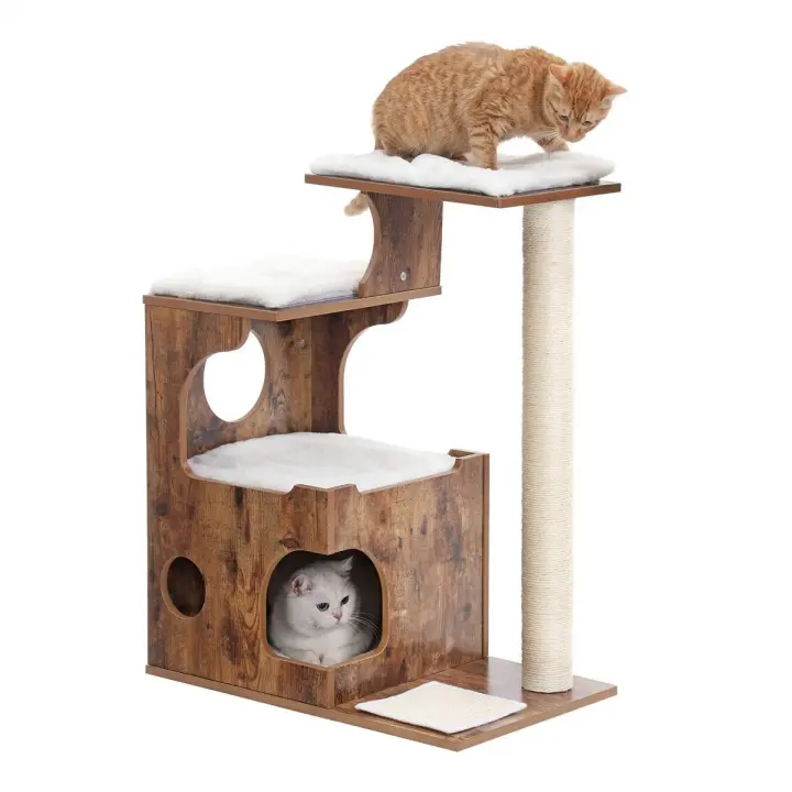 Árbol para gatos de 88 cm, torre vintage con 3 camas, cueva, mdf y chapa de madera, poste de sisal, piel de imitación lavable, rústico marrón y blanco - 1